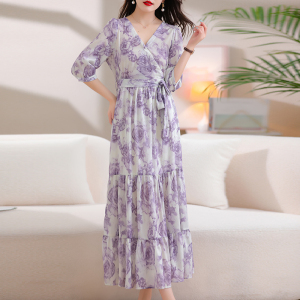 RM10618#紫色v领短袖雪纺连衣裙女2023春夏季新款收腰显瘦气质度假长裙