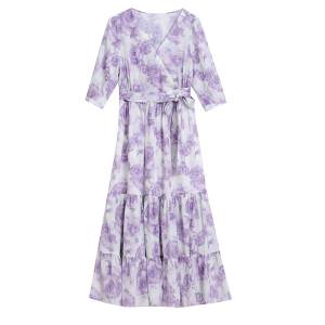 RM10618#紫色v领短袖雪纺连衣裙女2023春夏季新款收腰显瘦气质度假长裙