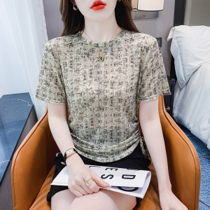 RM21169#设计感抽绳短袖T恤女夏装韩版抽象数码印花超弹蕾丝小衫上衣