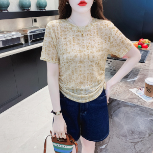 RM21169#设计感抽绳短袖T恤女夏装韩版抽象数码印花超弹蕾丝小衫上衣