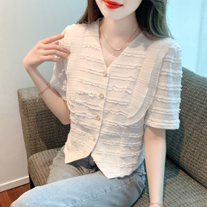 RM18489#V领短袖衬衫女2023夏季新款法式个性波浪纹蕾丝开衫上衣