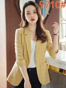 RM8183#黄色格纹外套女2023春夏新款韩版气质休闲短款小个子炸街西服西装