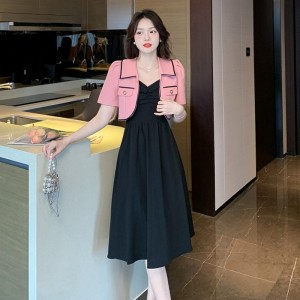 RM11854#夏季2023新款气质小香风短袖短款外套+黑色吊带连衣裙两件套