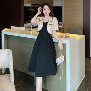RM11854#夏季2023新款气质小香风短袖短款外套+黑色吊带连衣裙两件套