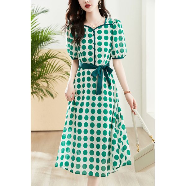 RM7672#春夏新款时尚淑女绿色波点连衣裙女装夏天短袖中长裙子