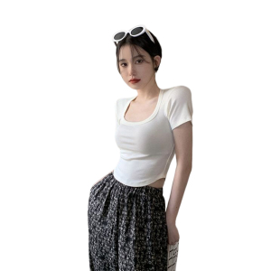 RM8153#法式纯欲白色U领正肩短袖T恤女夏季甜辣性感修身内搭短款紧身上衣