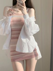 CX10668# 最便宜服饰批发 纯欲性感辣妹修身短款包臀裙夏季小个子粉色条纹针织吊带连衣裙女