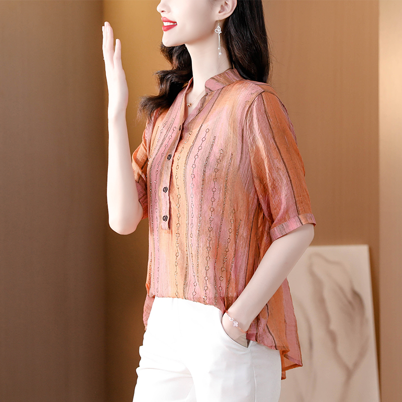 2024夏季新款大碼女裝中長襯衫短袖重工燙鉆高級絲麻面料上衣