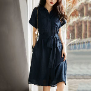 RM12177#连衣裙2023夏季新款时尚流行竖向肌理感中和工装风系带显瘦连衣裙