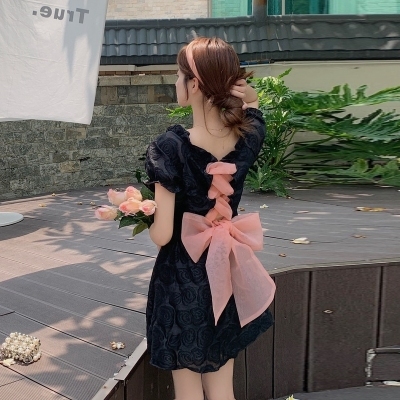 RM9891#大码法式设计感系带蝴蝶结收腰显瘦连衣裙