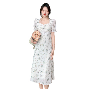 RM11546#法式茶歇裙复古绿色碎花连衣裙泡泡袖雪纺a字裙子女夏季