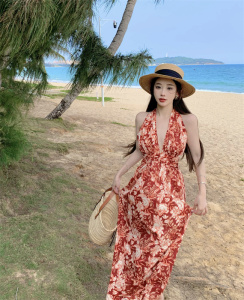 RM20191#西双版纳傣族裙子气质性感印花显瘦度假沙滩裙枯玫瑰裙长裙到脚踝