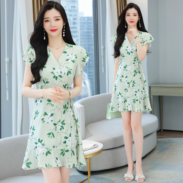 RM7817#夏装新款韩版短袖一片式印花裙子女高端飘逸雪纺连衣裙茶歇裙