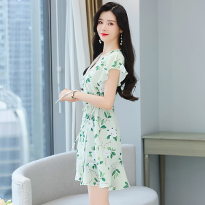 RM7817#夏装新款韩版短袖一片式印花裙子女高端飘逸雪纺连衣裙茶歇裙