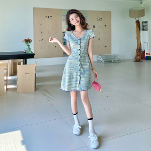 RM8311#辣妹风法式洋气小个子修身包臀裙A字彩色条纹针织连衣裙