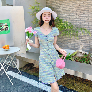 RM8311#辣妹风法式洋气小个子修身包臀裙A字彩色条纹针织连衣裙