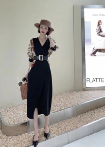 RM7693#韩国chic夏季气质高端印花短袖拼接v领收腰不规则包臀连衣裙女装
