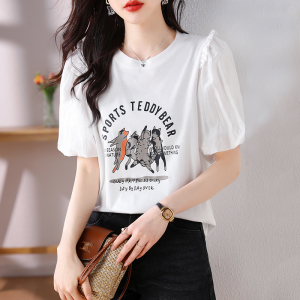 RM16265#夏季新款韩版设计感印花宽松短袖T恤法式泡泡袖上衣