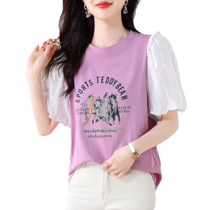 RM16265#夏季新款韩版设计感印花宽松短袖T恤法式泡泡袖上衣