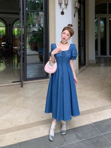 RM15012#夏季新款心动半夏港风复古方领泡泡袖牛仔蓝连衣裙女收腰显瘦