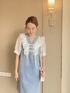 RM9967#夏新款雪纺牛仔拼接新中式连衣裙