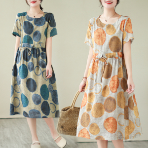 RM16241#棉麻印花夏季甜美文艺短袖连衣裙
