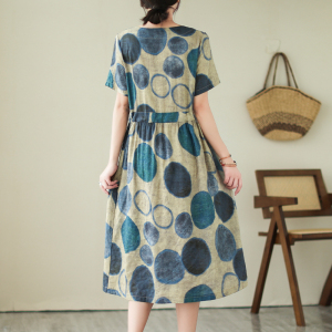 RM16241#棉麻印花夏季甜美文艺短袖连衣裙