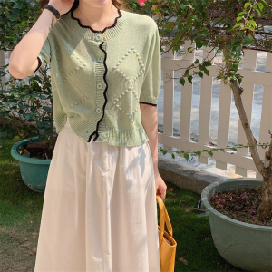 TR28338# 韩系夏新款小众设计立体麻花纯色圆领针织短袖开衫 服装批发女装服饰货源