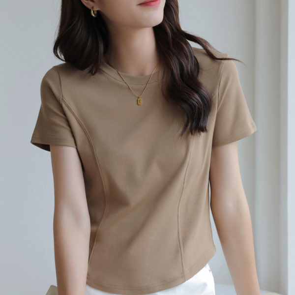 RM7952#纯棉短款t恤女夏季高级感修身显瘦短袖正肩鱼骨上衣