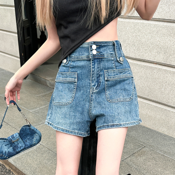 RM7776#夏季新款个性口袋高腰牛仔短裤女设计感小众显瘦a字阔腿热裤