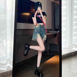RM7777#夏季新款复古设计感高腰破洞牛仔短裤女宽松显瘦显瘦阔腿热裤