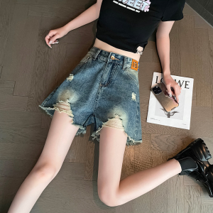 RM7777#夏季新款复古设计感高腰破洞牛仔短裤女宽松显瘦显瘦阔腿热裤