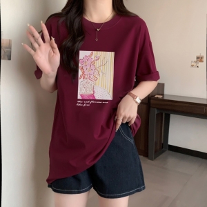 TR28389# 棉精梳纯棉印花夏装短袖T恤女宽松韩版 服装批发女装服饰货源