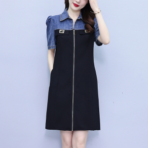 RM14073#大码女装2023夏装新款胖妹妹收腰遮肚显瘦气质牛仔拼接连衣裙