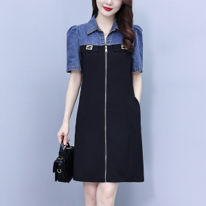 RM14073#大码女装2023夏装新款胖妹妹收腰遮肚显瘦气质牛仔拼接连衣裙