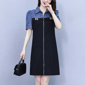 RM14073#大码女装2023夏装新款胖妹妹收腰遮肚显瘦气质牛仔拼接连衣裙