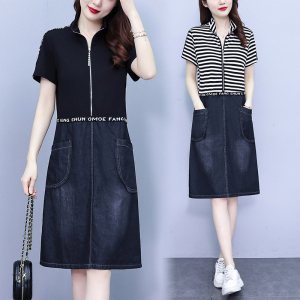 RM14072#大码女装2023夏装新款胖妹妹收腰遮肚显瘦气质牛仔拼接连衣裙
