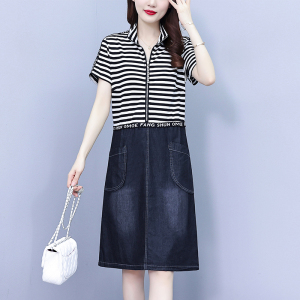 RM14072#大码女装2023夏装新款胖妹妹收腰遮肚显瘦气质牛仔拼接连衣裙