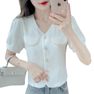 RM12862#夏季新款小香风V领短袖纯色衬衫女时尚减龄小衫洋气短款上衣