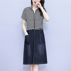 RM14072#大码女装2023夏装新款胖妹妹收腰遮肚显瘦气质牛仔拼接连衣裙