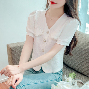RM12862#夏季新款小香风V领短袖纯色衬衫女时尚减龄小衫洋气短款上衣