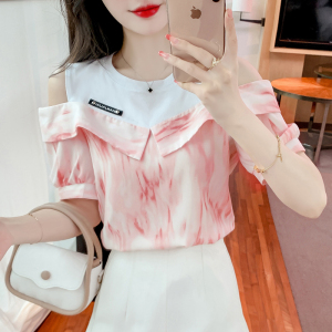 RM11610#夏季新款假两件拼接短袖露肩雪纺衬衫女时尚减龄小衫甜美上衣
