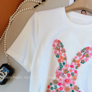 RM8929#白色T恤女短袖夏季设计感刺绣兔子休闲百搭圆领宽松打底上衣体恤