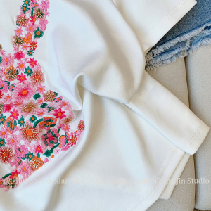 RM8929#白色T恤女短袖夏季设计感刺绣兔子休闲百搭圆领宽松打底上衣体恤