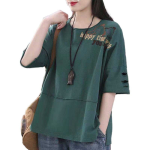 RM8079#100%纯棉文艺夏季新款短袖t恤女宽松休闲五分袖大码女装百搭上衣