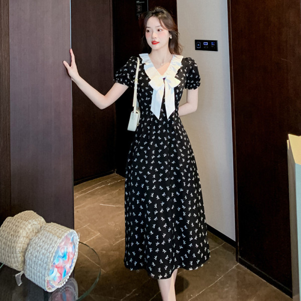 RM13303#法式高级感显瘦黑色连衣裙女夏季长/短款小个子短袖碎花裙子