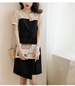 RM11768#假两件雪纺薄款收腰连衣裙子女夏季拼接设计感小众高端气质小黑裙