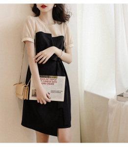 RM11768#假两件雪纺薄款收腰连衣裙子女夏季拼接设计感小众高端气质小黑裙