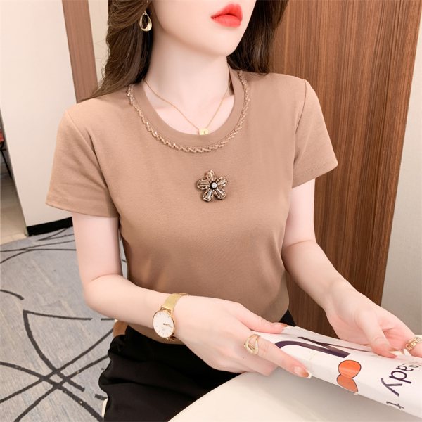 RM9485#夏季韩版新款立体花朵短袖针织烫钻T恤时尚名媛洋气显瘦