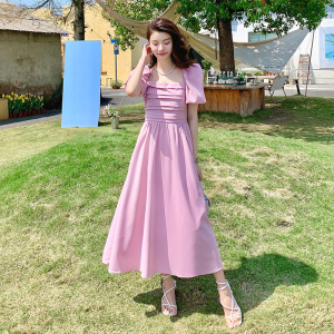RM8314#法式茶歇高级感小香风在逃公主绝美显瘦粉色方领连衣裙女
